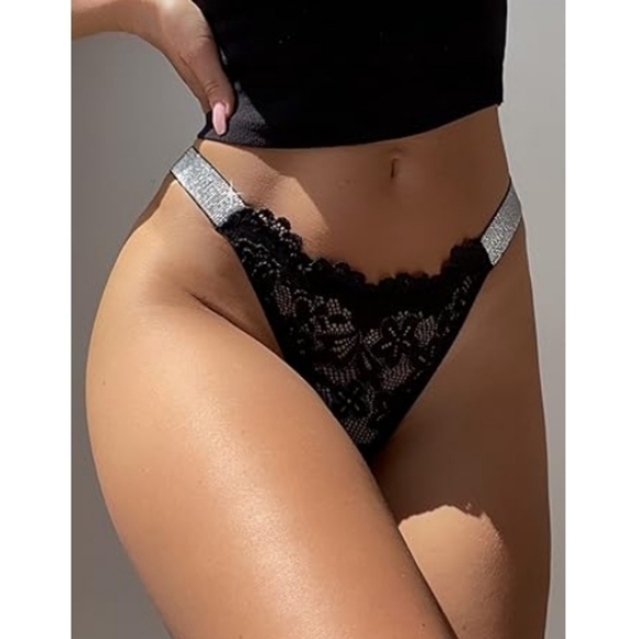 SEXY Glitter Lace Low Rise Thongs Underwear Panty Solid Black Panties - Picture 4 of 6